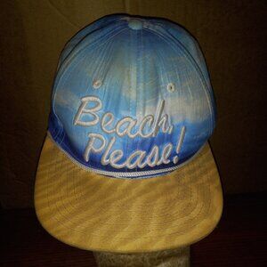 Beach Please Adjustable Embroided Baseball Cap Hat Blue White